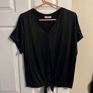 silky black loose fit v neck with tie at front